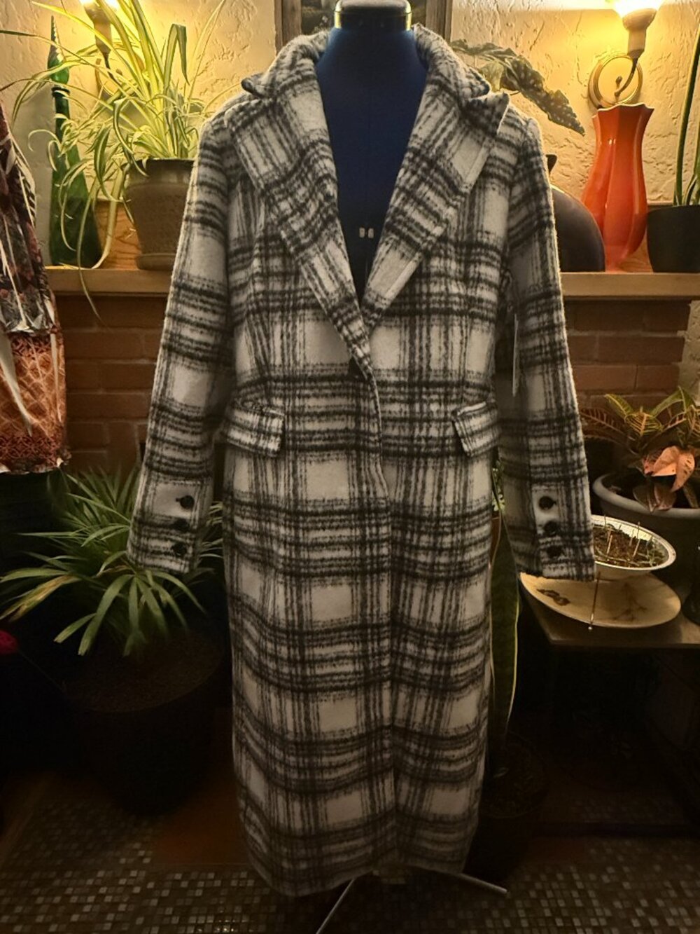 NWT Liz Claiborne Plaid Long Car Coat Women's XL Black White Trench Peacoat